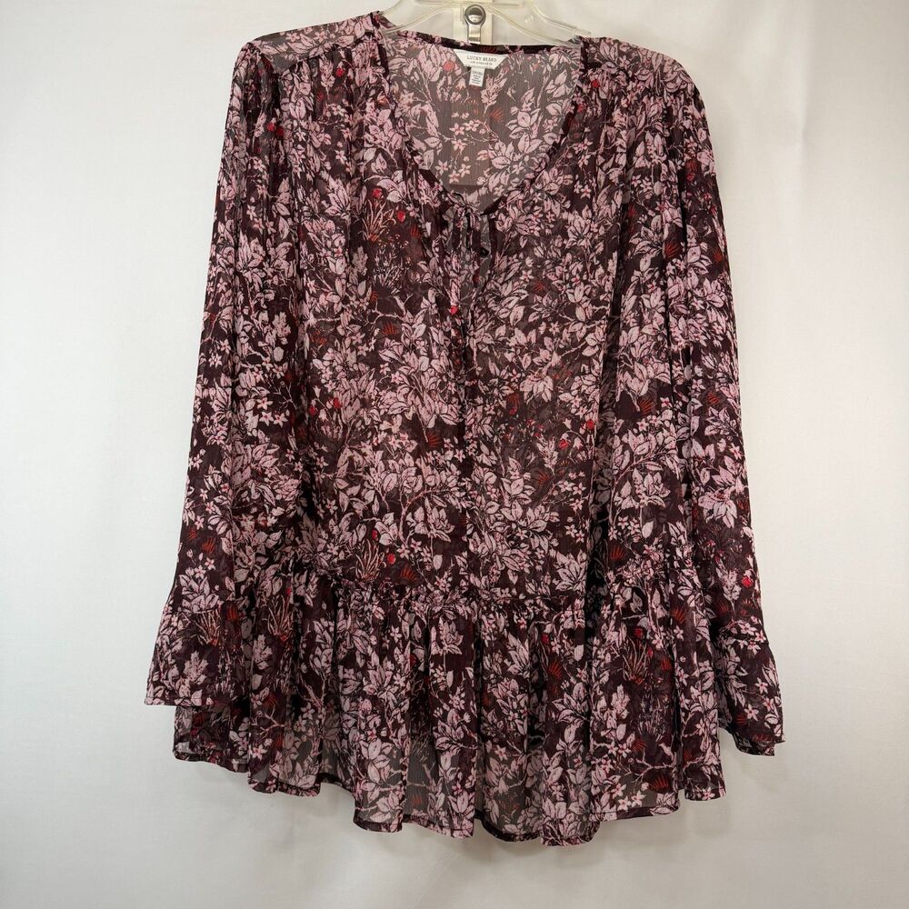 Size 2X Lucky Brand Floral Boho Blouse Long Sleeve Tie Neck Ruffle Brown Pink